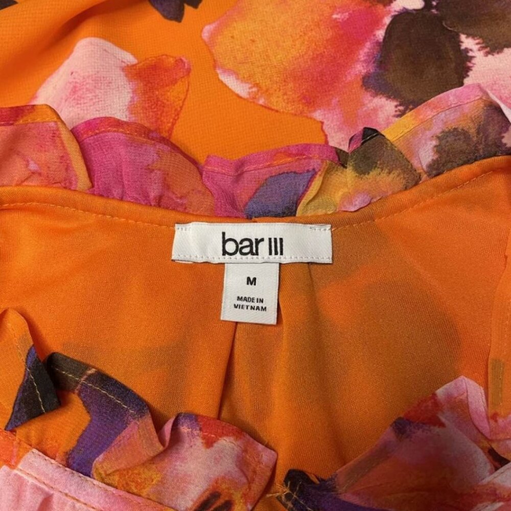 Bar III Vibrant Orange Floral Boho Tie Neck Peasant Blouse Size Medium - Picture 10 of 13